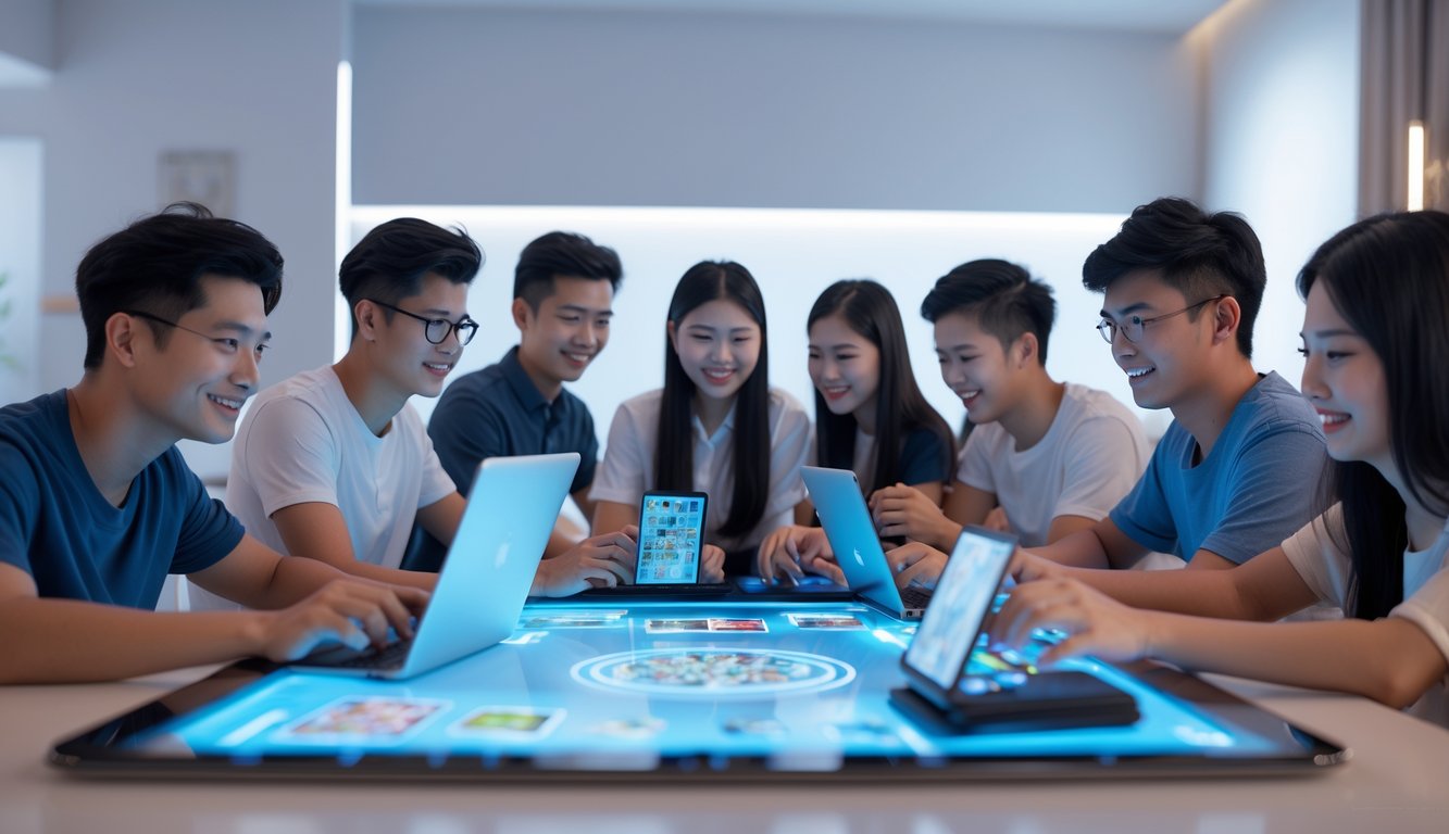 Sekelompok orang muda bermain permainan kartu online bersama di ruangan modern yang terang dan nyaman.