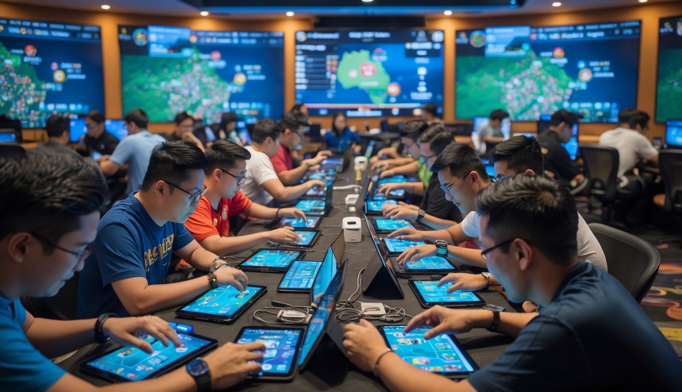 Sekelompok orang bermain Judi Ceme secara online di sebuah ruang permainan modern dengan perangkat digital, menunjukkan suasana kompetisi dan kebersamaan.