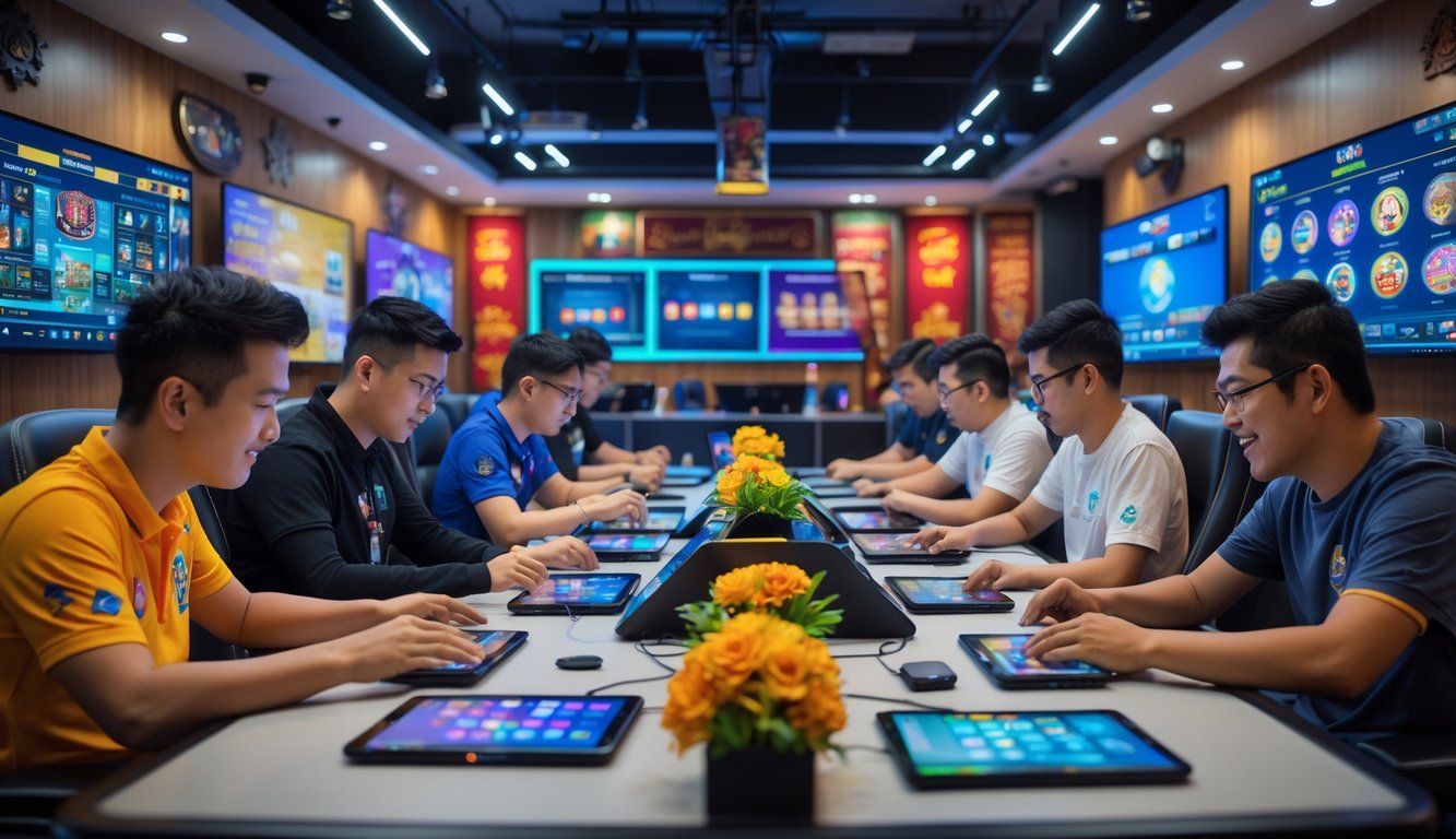 Sekelompok orang sedang bermain game Judi Ceme secara online di sebuah ruang permainan modern dengan layar dan perangkat digital.