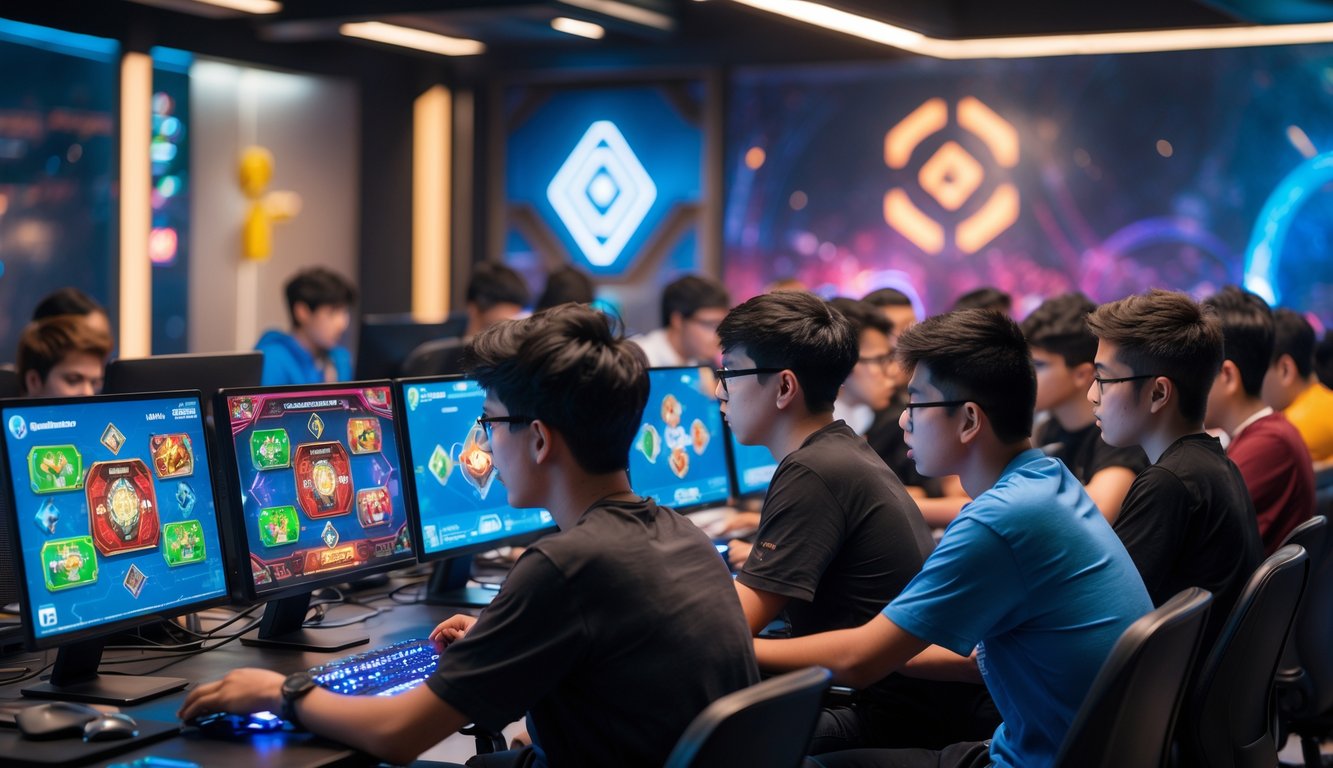 Sekelompok orang muda fokus bermain game kartu online secara kompetitif di ruangan modern dengan komputer dan layar berwarna cerah.