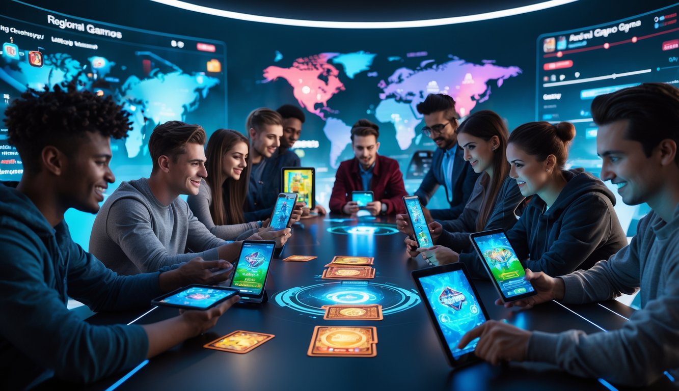 Sekelompok orang muda bermain permainan kartu online secara multiplayer dengan perangkat digital di meja modern.