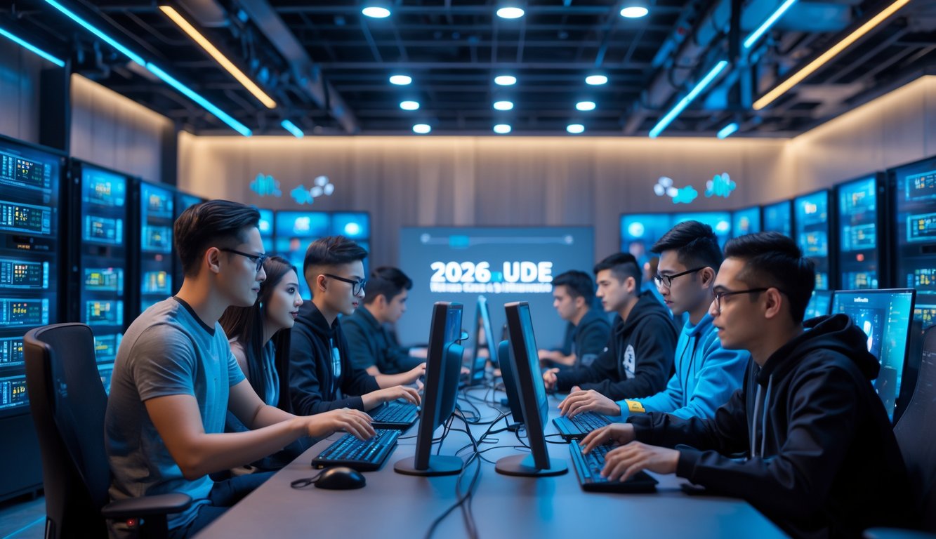 Sekelompok pemain sedang bermain game online Judi Ceme dengan komputer dan perangkat mobile di ruangan dengan server lokal yang terlihat stabil dan cepat.