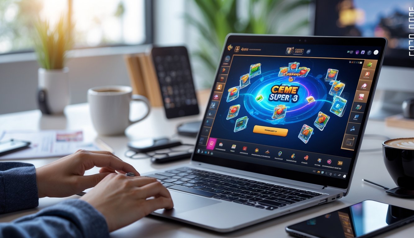 Seseorang bermain permainan kartu online di depan laptop di meja kerja yang rapi dengan catatan dan kopi di sampingnya.