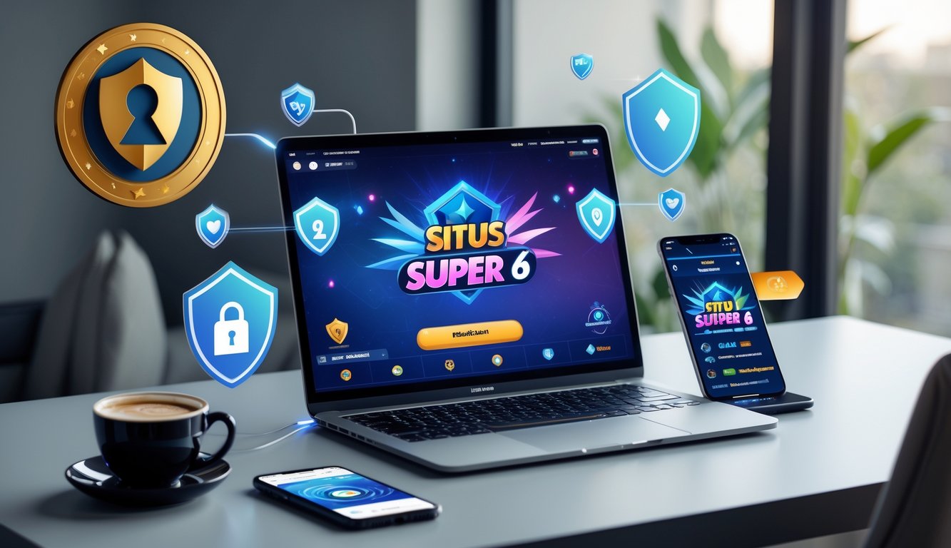 Seorang pria menggunakan laptop di meja dengan tampilan permainan kartu online, dikelilingi ikon keamanan dan perangkat teknologi.