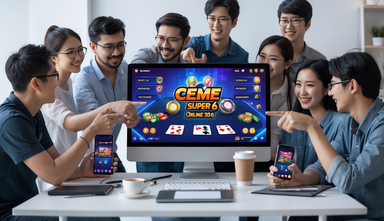 Sekelompok orang muda bermain permainan kartu online di depan komputer dengan suasana belajar dan santai.