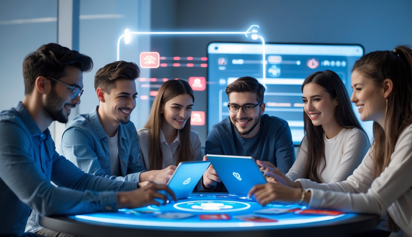 Sekelompok orang muda bermain permainan kartu secara online menggunakan laptop dan tablet di ruangan modern.