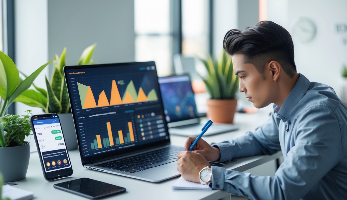 Seseorang sedang menganalisis data di depan laptop dengan grafik dan ponsel yang menampilkan permainan kartu digital di meja kerja.
