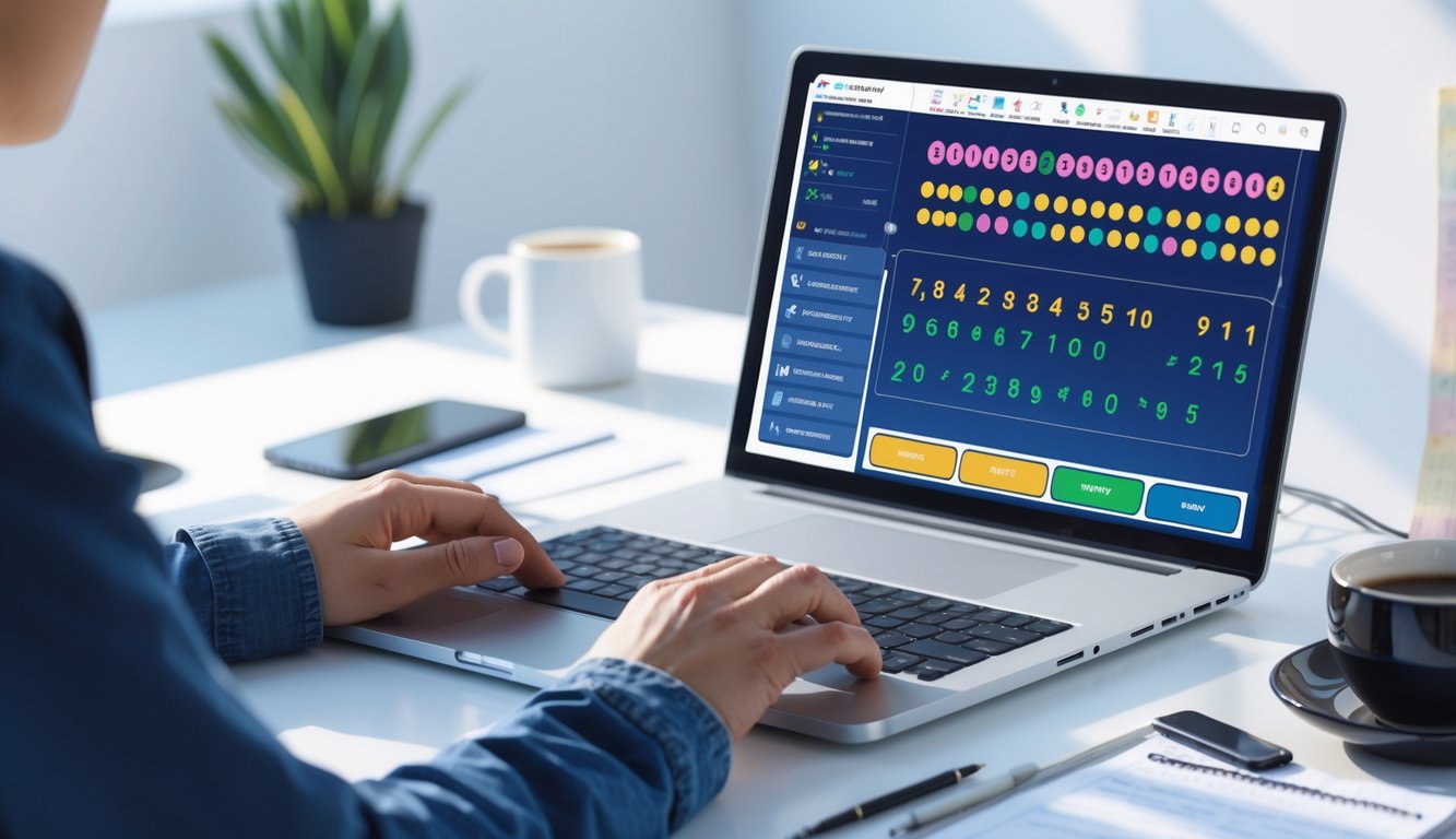 Seseorang sedang menggunakan laptop di meja kerja dengan layar menampilkan antarmuka permainan angka, dikelilingi catatan dan cangkir kopi.