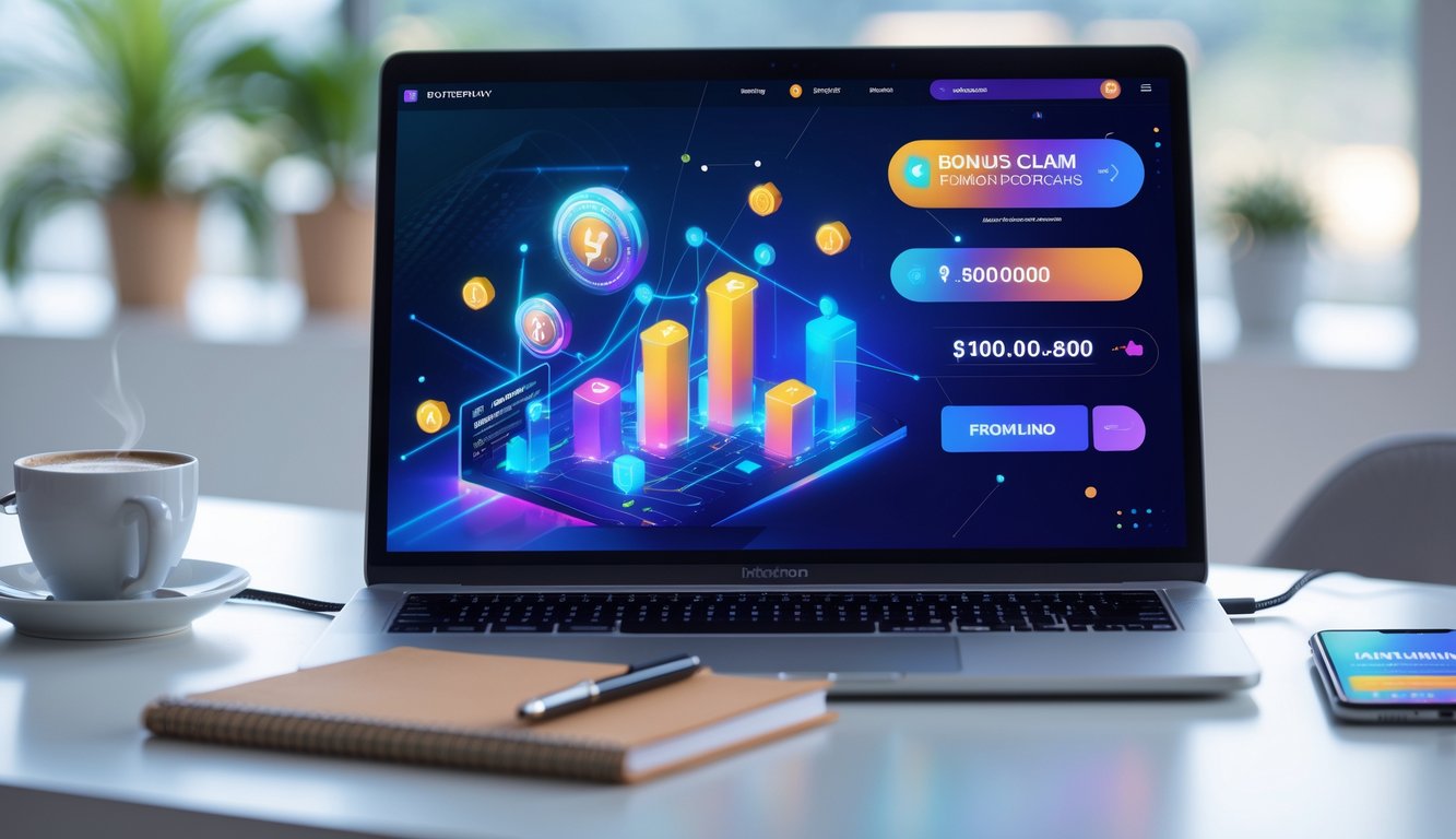 Meja kerja dengan laptop dan ponsel yang menampilkan grafik dan notifikasi terkait promosi dan klaim bonus online.