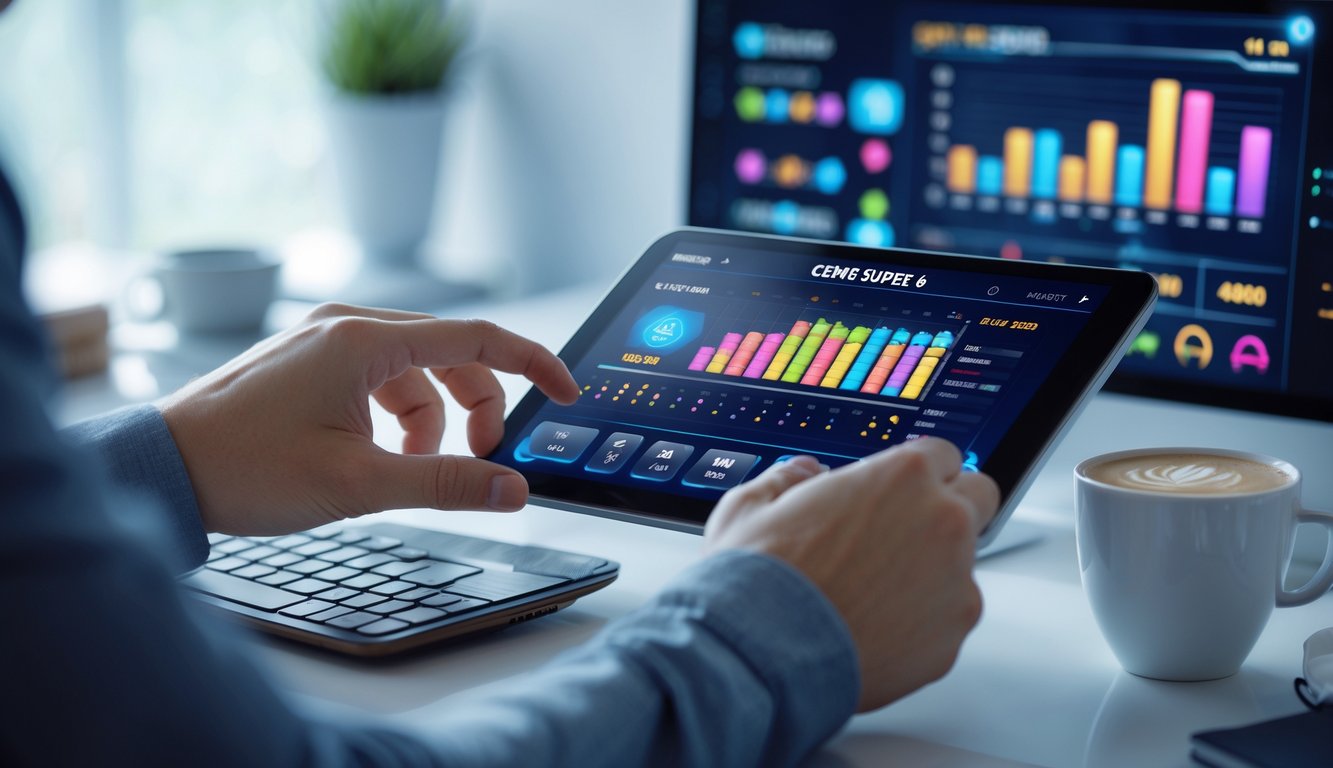 Tangan seseorang sedang menggunakan perangkat layar sentuh yang menampilkan grafik dan statistik permainan Ceme Super 6 online.