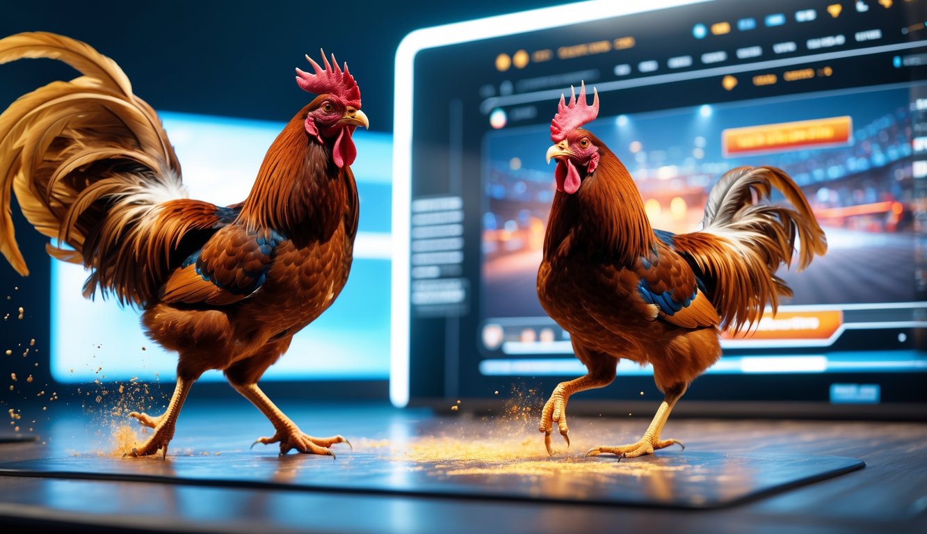 Adegan dua ayam jago sedang bertarung di depan layar besar dengan tampilan streaming langsung yang jelas dan lancar.