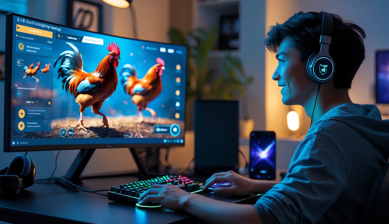 Seorang pria muda duduk di depan komputer dengan layar menampilkan permainan sabung ayam digital, di ruangan yang rapi dan terang.