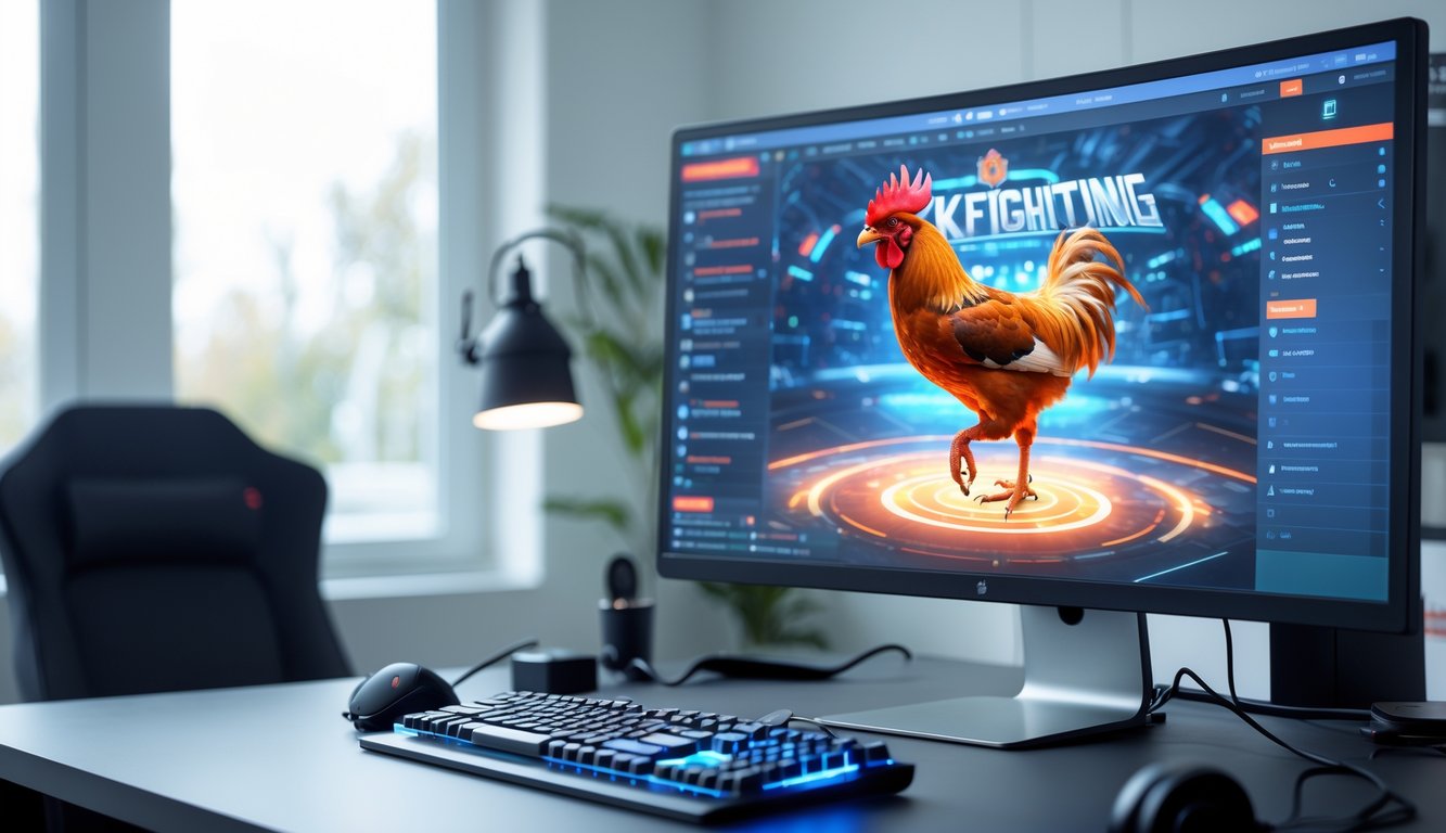 Sebuah komputer modern menampilkan permainan sabung ayam digital di ruang kerja yang terang dan bersih.