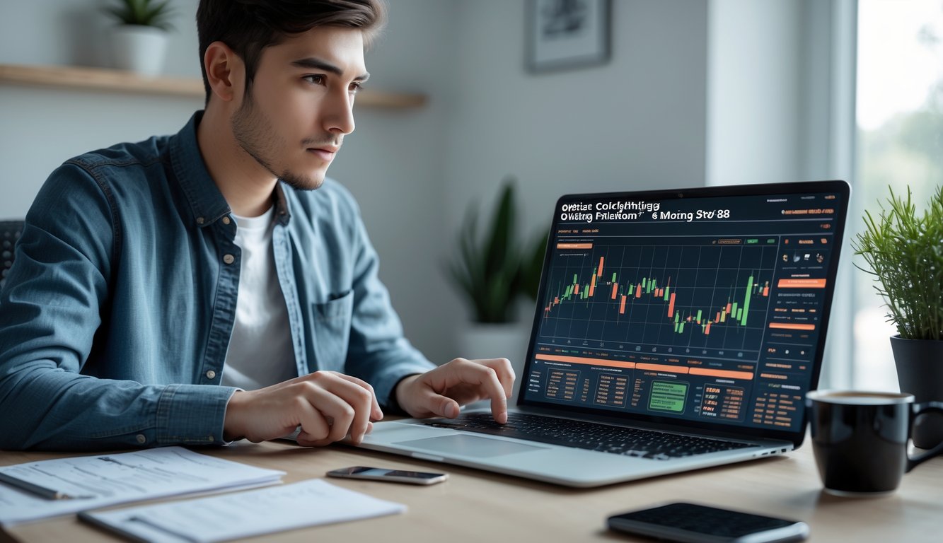 Seseorang sedang menggunakan laptop di meja kerja dengan tampilan layar platform taruhan sabung ayam online dan alat tulis di sekitarnya.