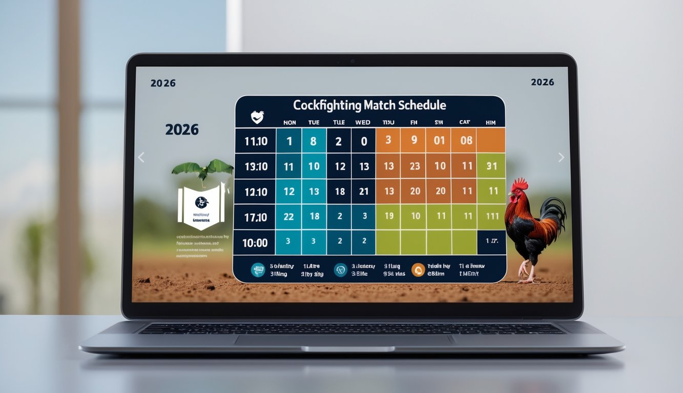 Layar perangkat digital menampilkan jadwal pertandingan sabung ayam online tahun 2026 dengan tampilan yang rapi dan modern.