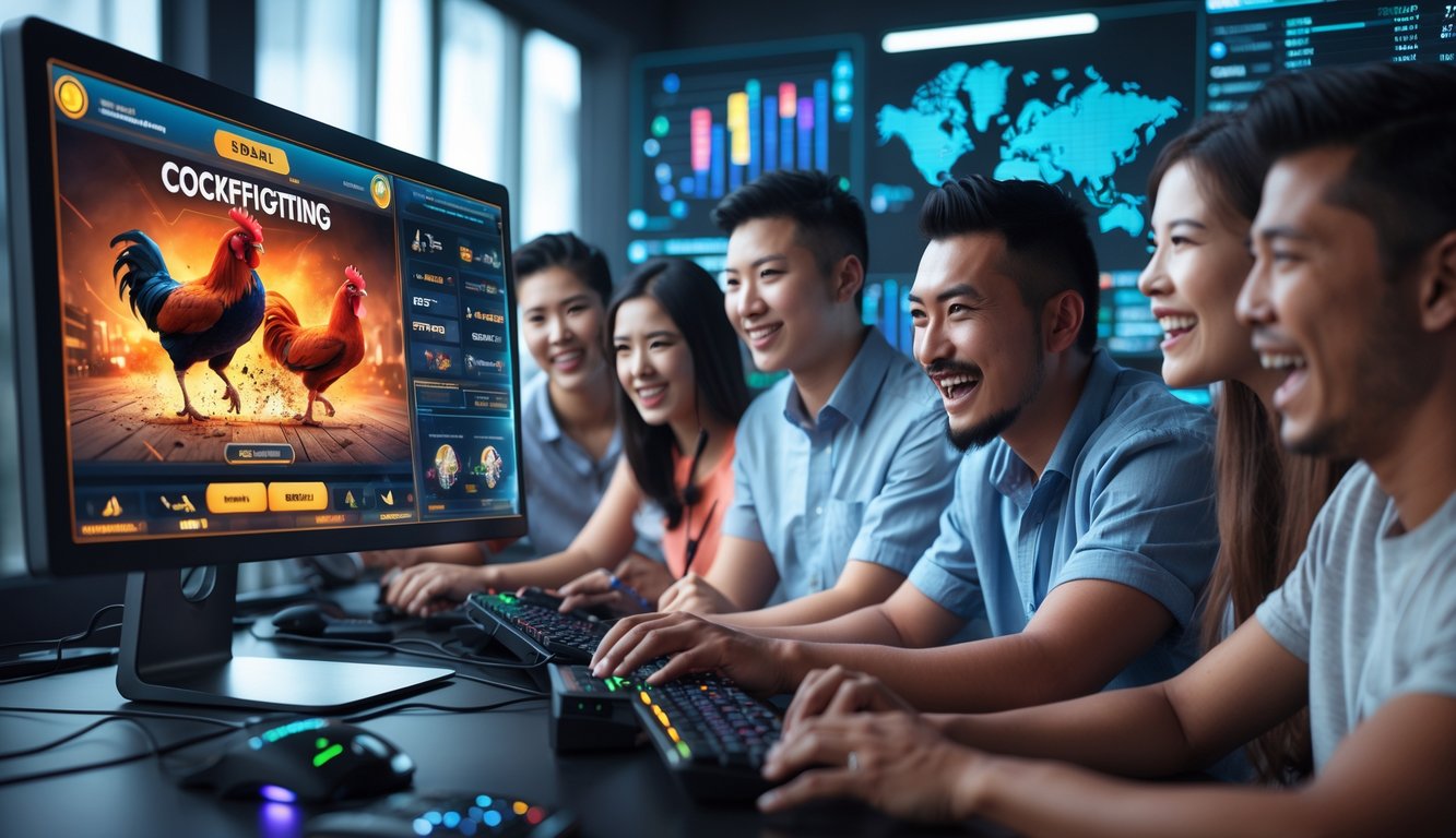 Orang-orang menggunakan komputer dengan layar menampilkan animasi sabung ayam dan antarmuka taruhan online.