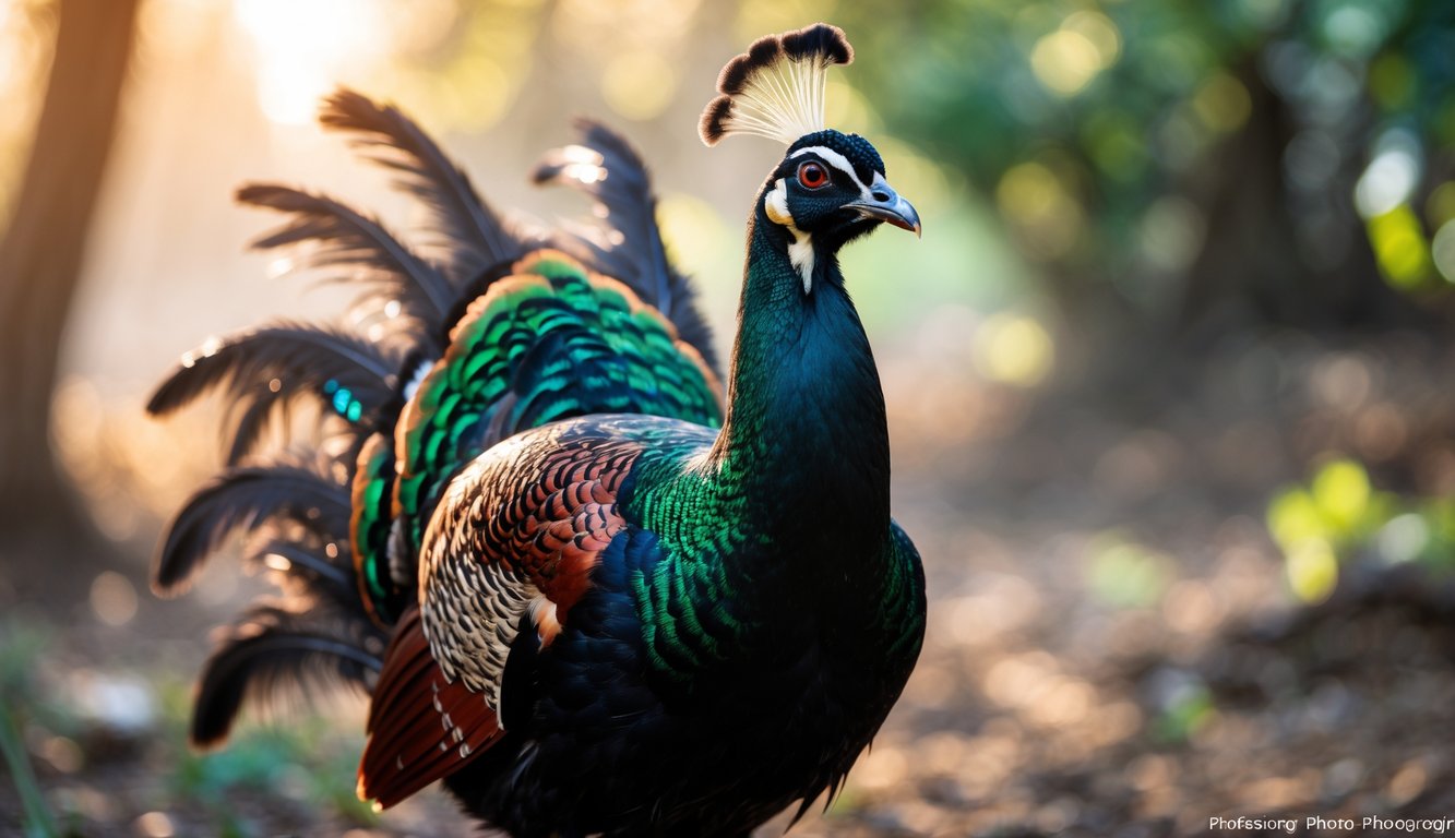 Seekor ayam juara berdiri tegak di lingkungan luar ruangan dengan latar belakang pedesaan yang samar.