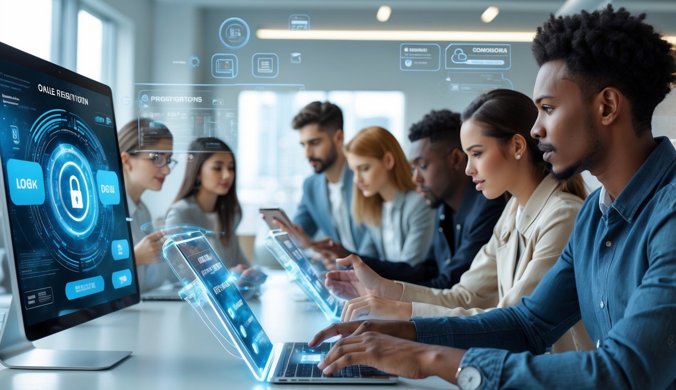 Sekelompok orang muda menggunakan perangkat layar sentuh transparan di ruang kantor modern dengan pencahayaan alami.