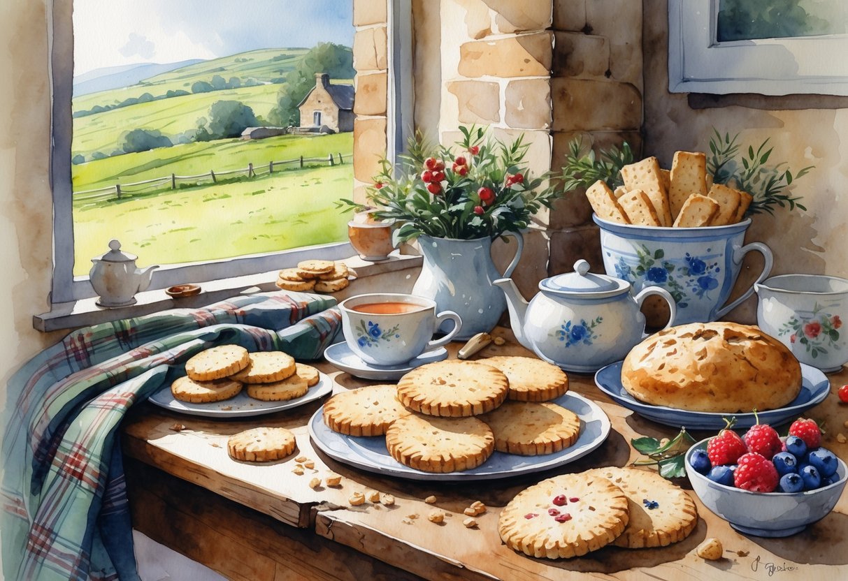 A cozy kitchen table with traditional Scottish baked goods, a teapot, berries, and a window showing green hills and a stone cottage.