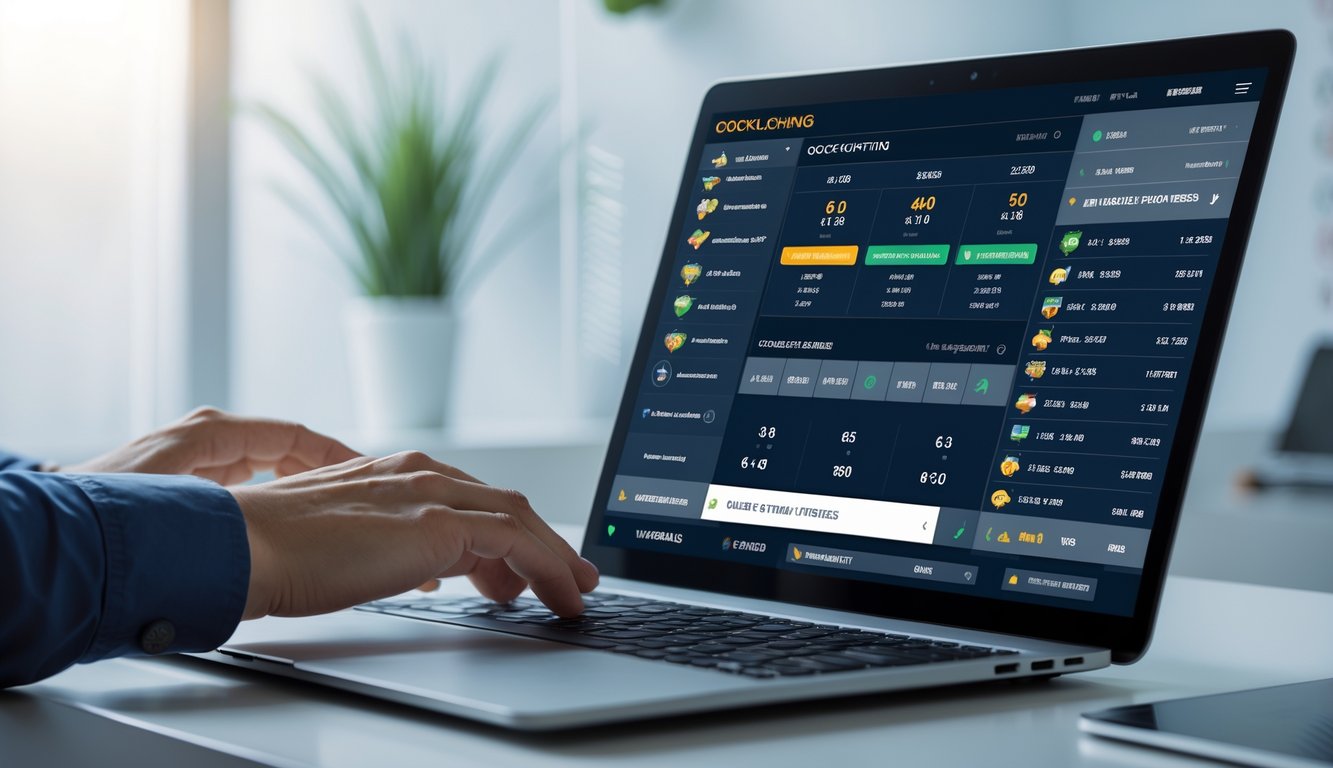 Seseorang menggunakan laptop dengan tampilan platform sabung ayam online yang menampilkan berbagai pilihan taruhan dan informasi waktu nyata.