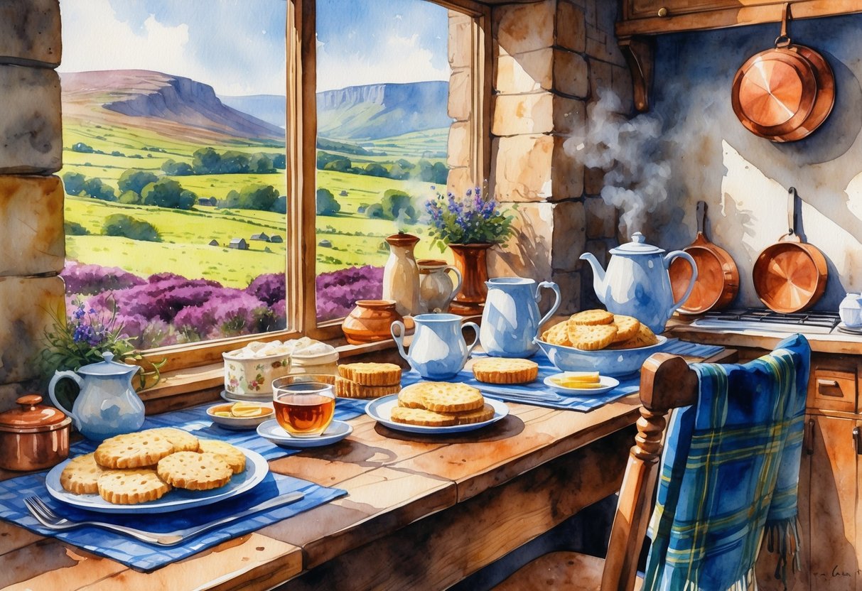 A cozy kitchen with traditional Scottish dishes on a wooden table and a view of green hills and a castle through the window.