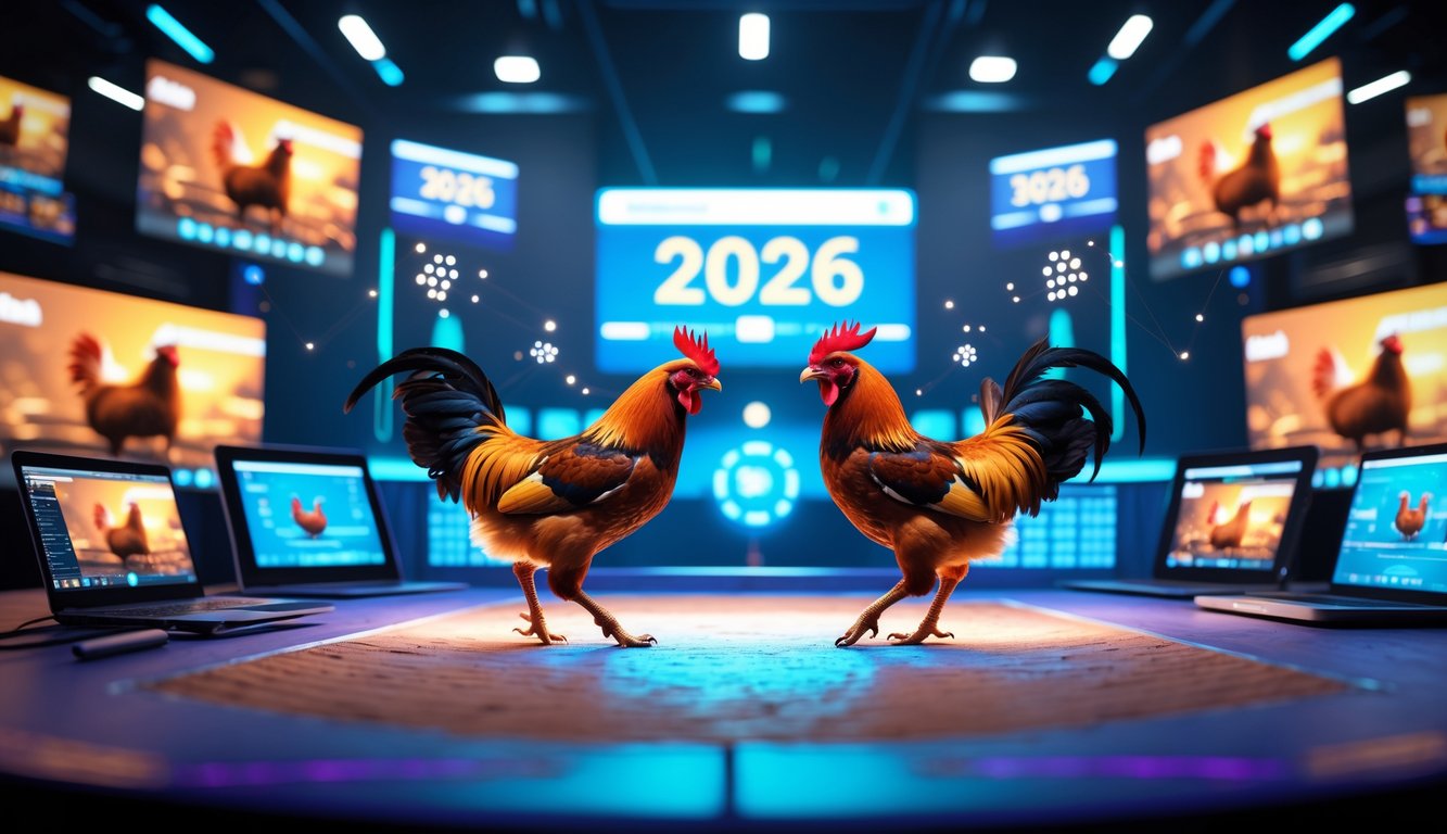 Dua ayam jago bertarung di arena digital dengan layar streaming langsung di sekitar mereka.