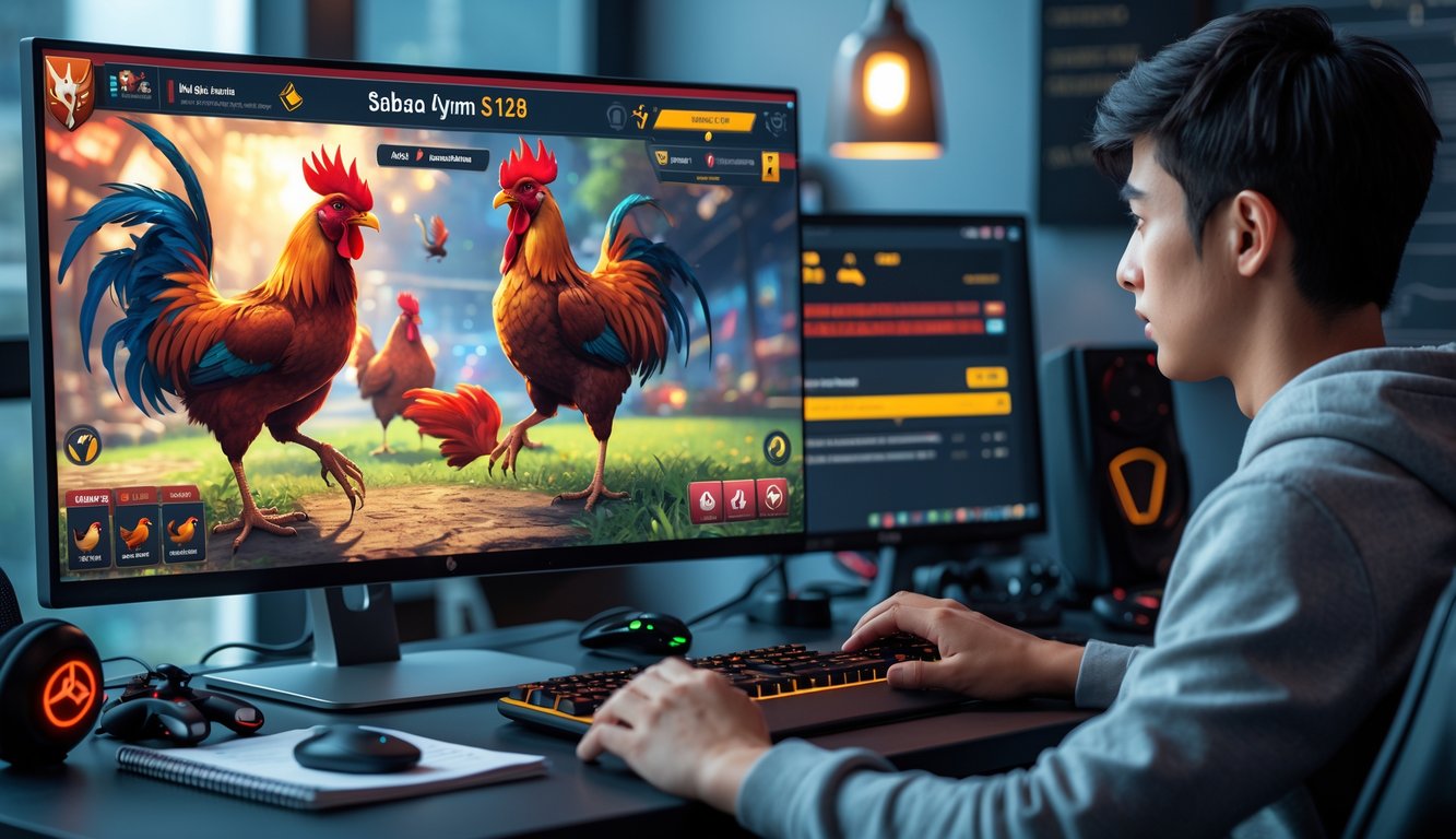 Seorang pemuda sedang bermain game Sabung Ayam S128 di komputer dengan layar menampilkan ayam jago yang sedang bertarung.