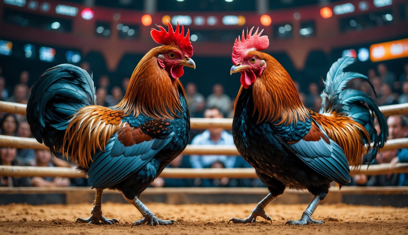 Dua ayam jago sedang bertarung di arena dengan penonton yang memperhatikan dengan serius.