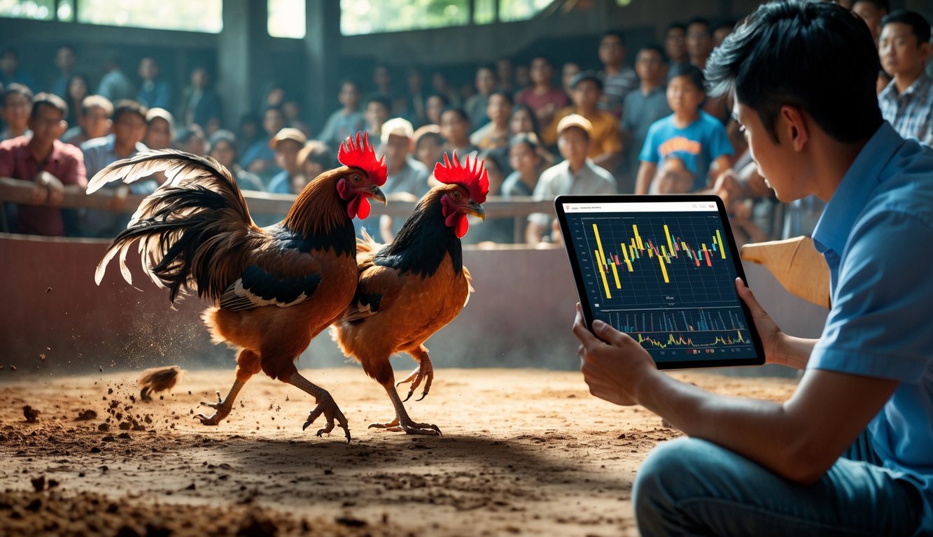 Suasana arena sabung ayam dengan dua ayam bertarung dan penonton yang fokus, seorang pria muda sedang melihat tablet digital.