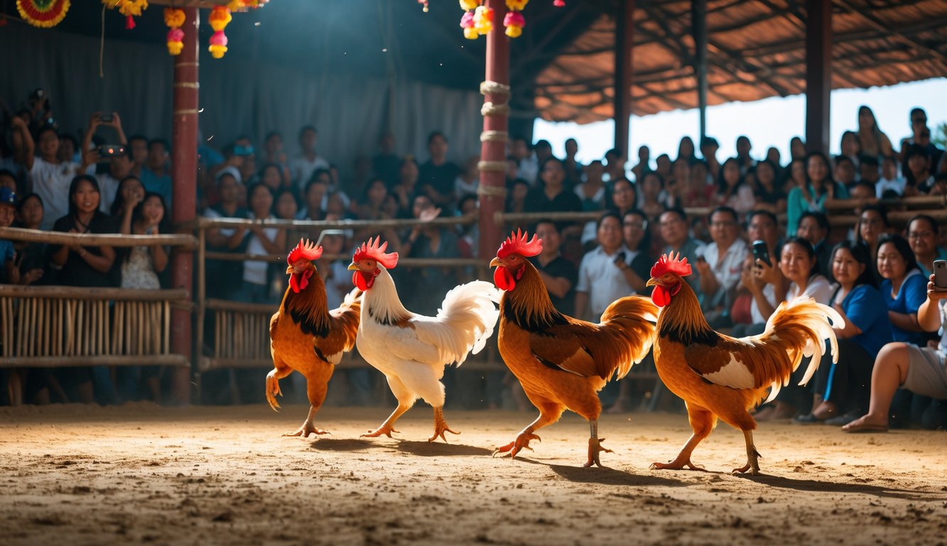 Suasana arena sabung ayam yang ramai dengan penonton antusias menyaksikan pertarungan ayam jantan di Filipina dan Thailand.