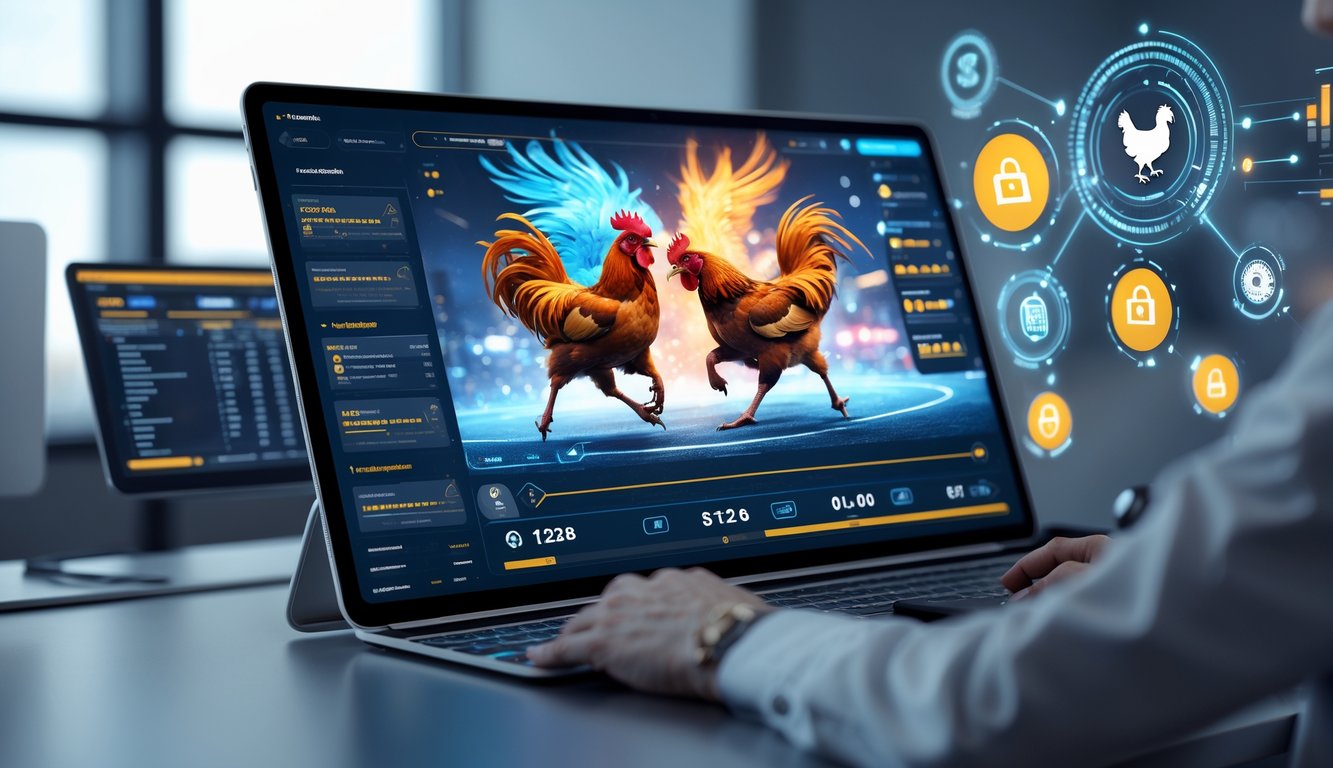 Tampilan layar perangkat digital yang menunjukkan pertandingan sabung ayam online dengan grafik dan statistik, di meja kerja modern.