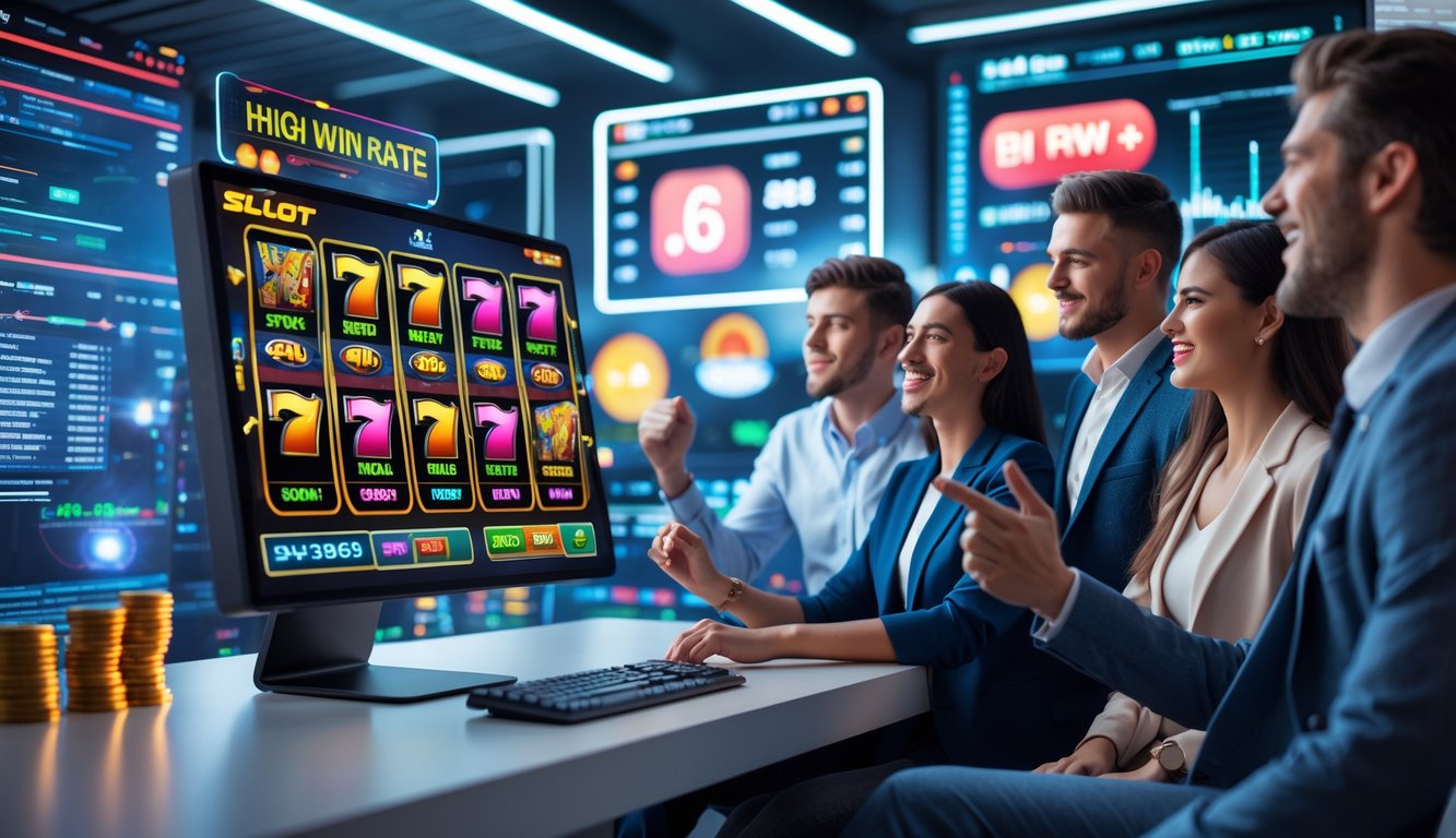 Sejumlah orang muda sedang fokus dan antusias melihat layar komputer yang menampilkan grafik permainan slot online dengan suasana ruang kerja modern.