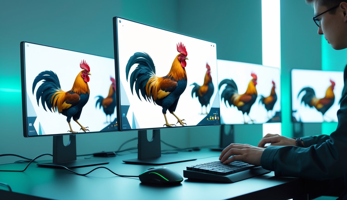 Seseorang sedang menggunakan komputer dengan layar menampilkan gambar ayam jago dalam lingkungan kerja modern.