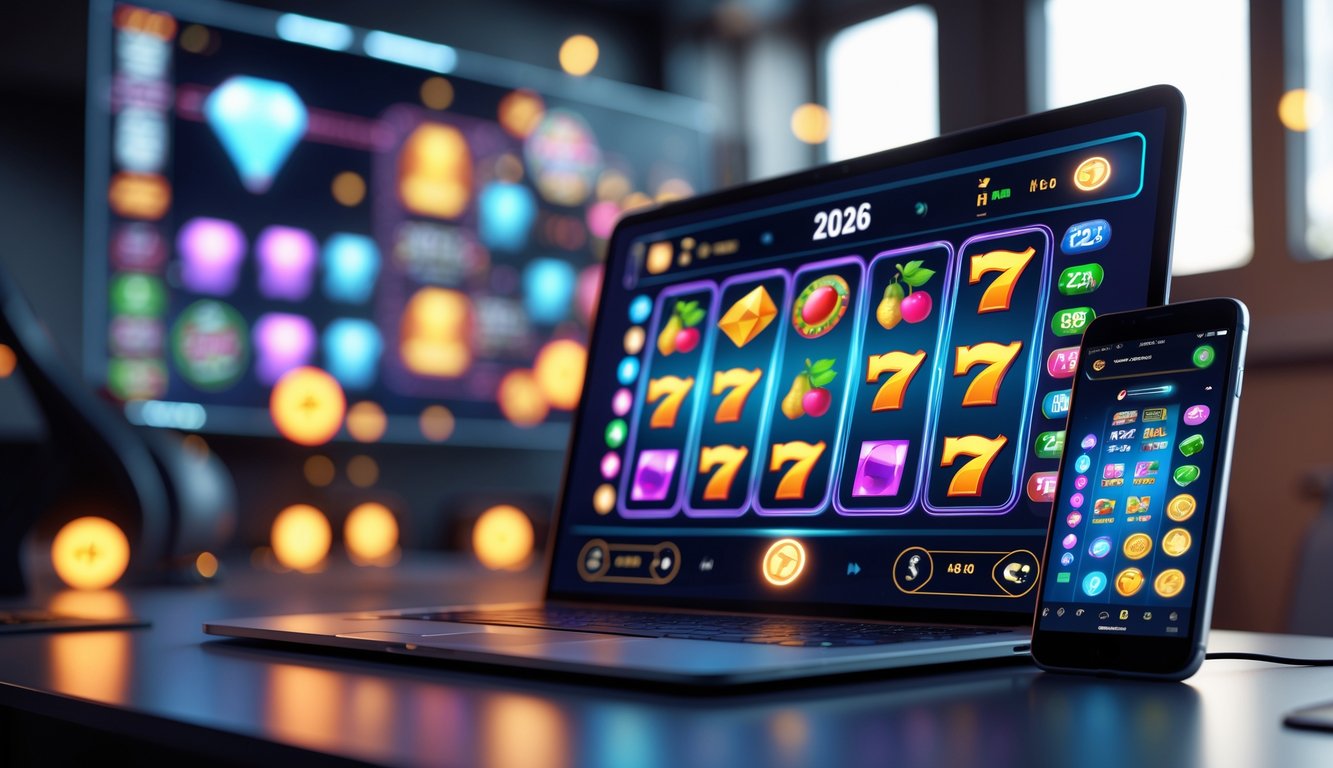 Seorang pengguna bermain permainan slot online terbaru tahun 2026 di laptop dan ponsel di ruangan modern dengan pencahayaan hangat.