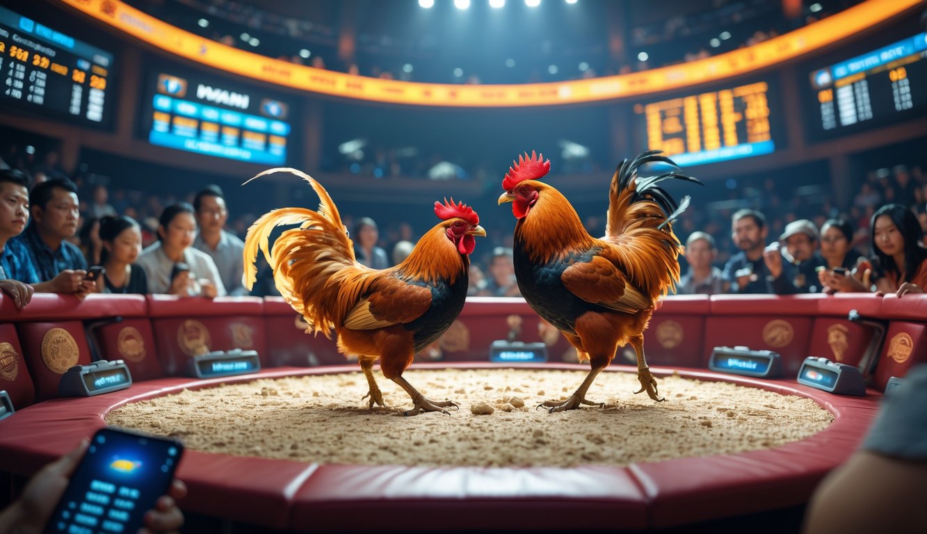 Pertandingan sabung ayam dengan dua ayam jantan bertarung di arena melingkar, dikelilingi penonton yang menggunakan perangkat digital untuk menonton dan bertaruh secara online.