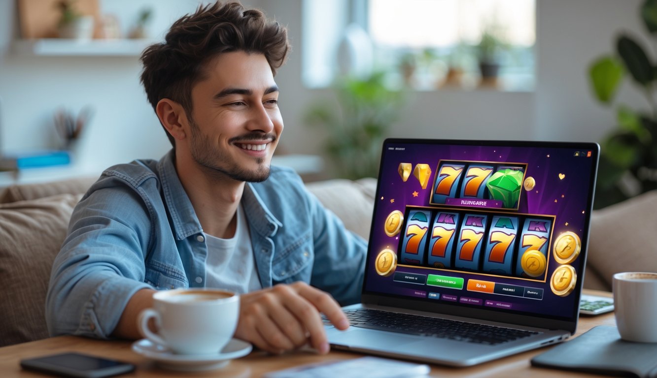 Seorang pemula yang percaya diri sedang bermain slot online di laptop di ruang tamu yang nyaman.