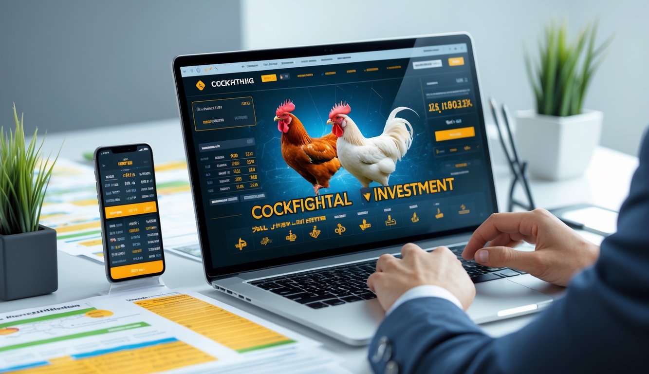 Seseorang sedang menggunakan laptop dan mencatat strategi taruhan sabung ayam secara online dengan suasana kerja yang rapi dan terang.