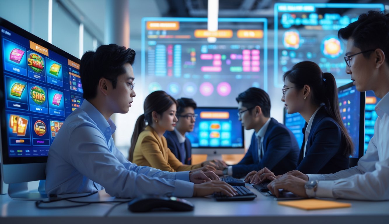 Sejumlah profesional muda Asia sedang berdiskusi di kantor modern dengan layar komputer menampilkan permainan slot online.