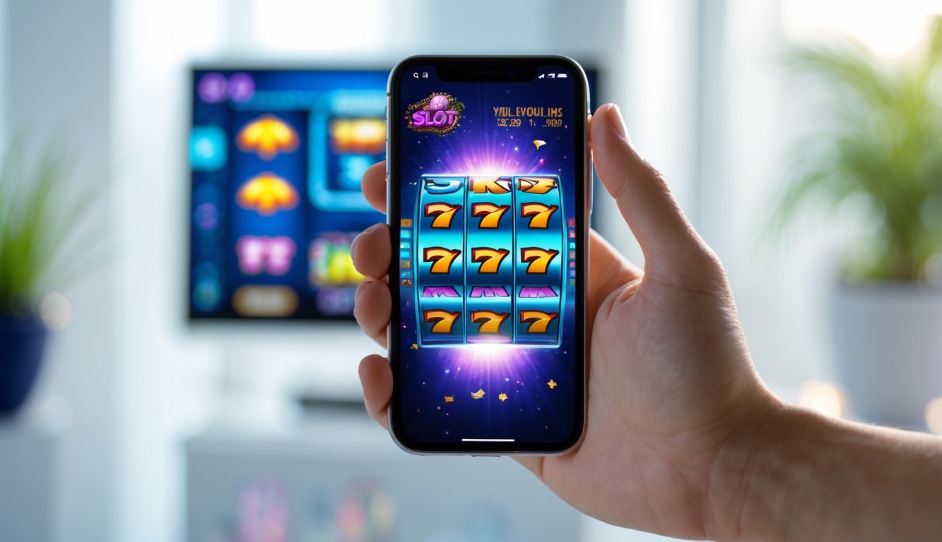 Tangan memegang ponsel dengan tampilan permainan slot online berwarna-warni yang menunjukkan potensi jackpot besar.