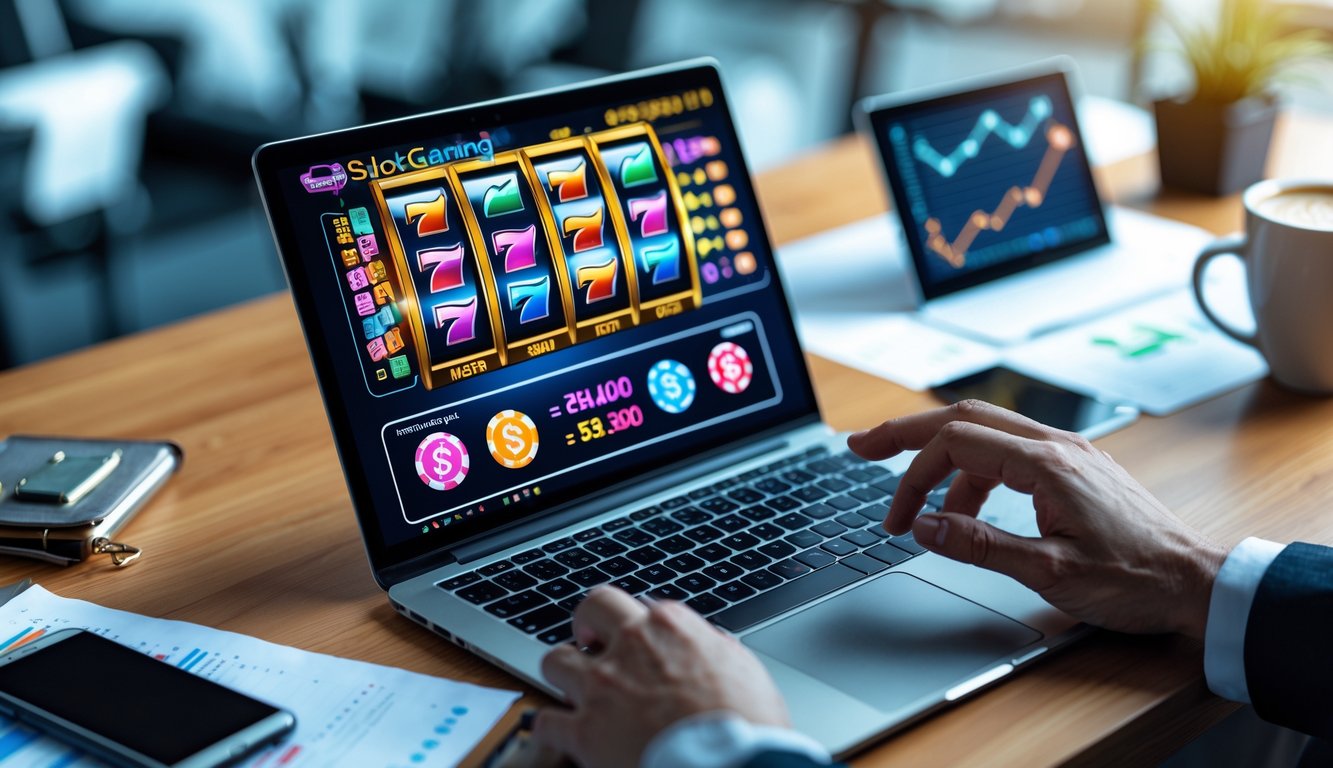 Meja kerja dengan laptop yang menampilkan permainan slot online dan grafik keuntungan, tangan seseorang sedang menggunakan laptop.
