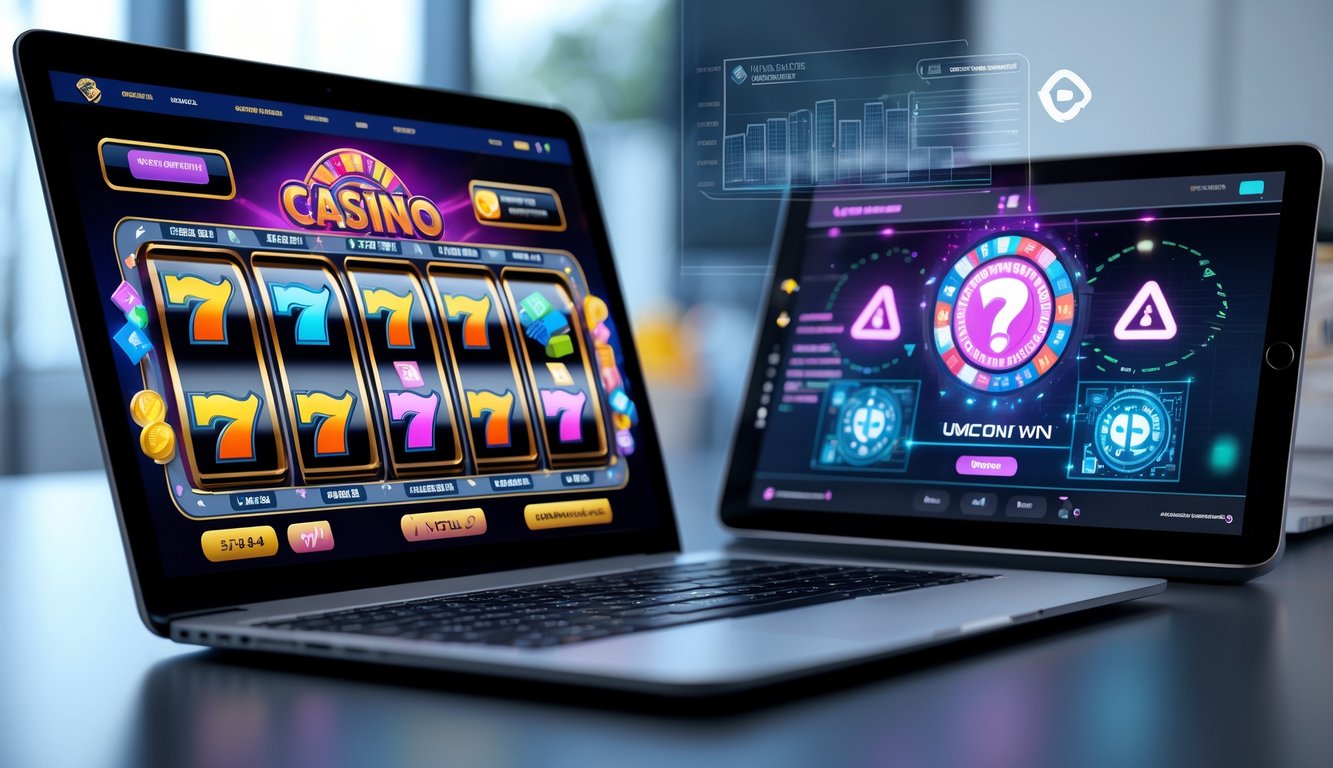 Perbandingan dua layar perangkat yang menampilkan permainan slot online resmi di sebelah kiri dan slot abal-abal di sebelah kanan.