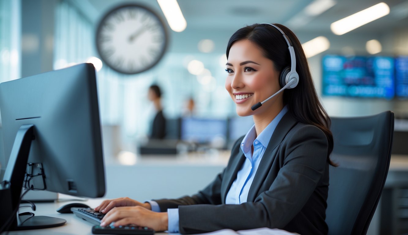 Seorang perwakilan layanan pelanggan yang percaya diri dan ramah sedang bekerja di kantor modern dengan headset dan komputer.