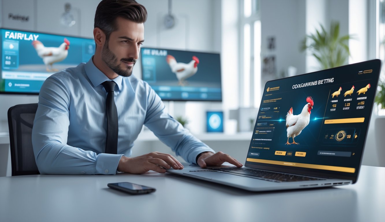 Seorang pria menggunakan laptop di kantor modern dengan layar yang menampilkan grafik dan statistik terkait sabung ayam online.