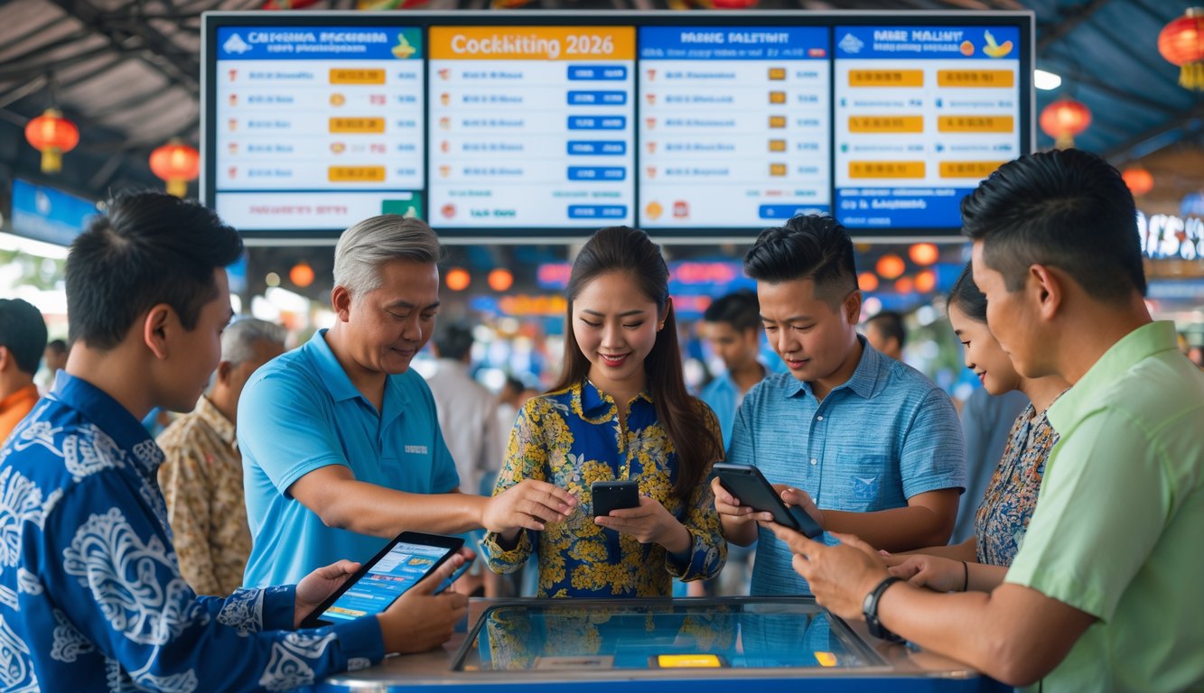 Orang-orang di pasar Indonesia yang sibuk dengan kios taruhan sabung ayam menggunakan perangkat digital.