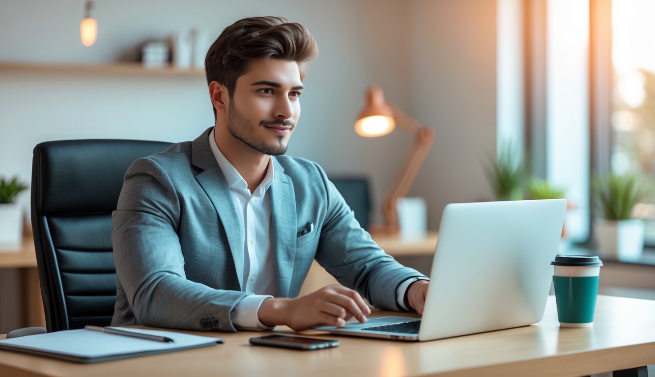 Seorang pria muda duduk di meja modern dengan laptop dan ponsel, terlihat fokus dan percaya diri di lingkungan kantor yang bersih dan hangat.
