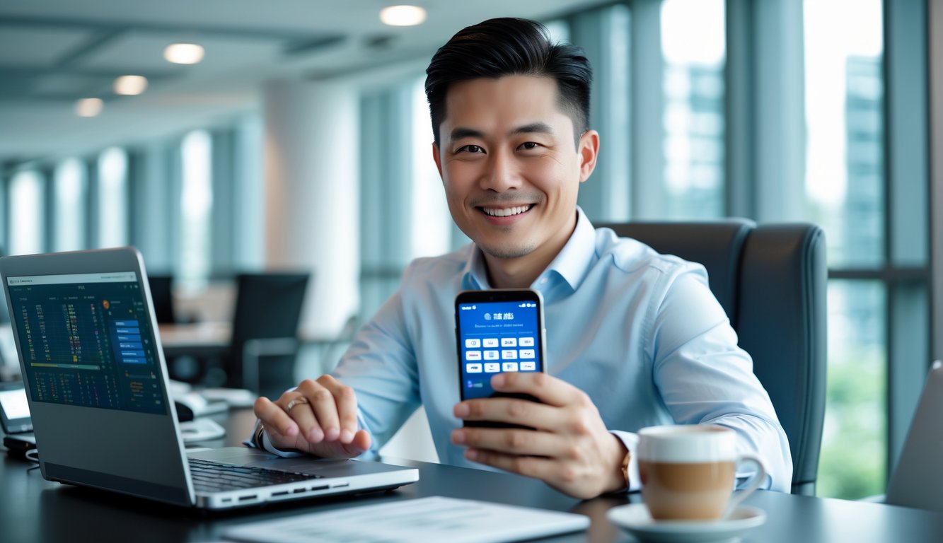 Seorang pria Asia Tenggara tersenyum di kantor modern sambil memegang ponsel dengan aplikasi taruhan digital di layar.