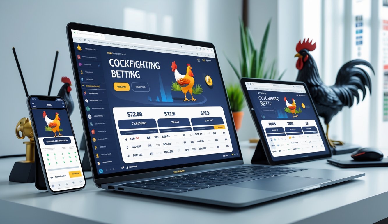 Seorang pria menggunakan laptop dan perangkat digital lainnya untuk memasang taruhan sabung ayam secara online di meja kerja yang rapi.