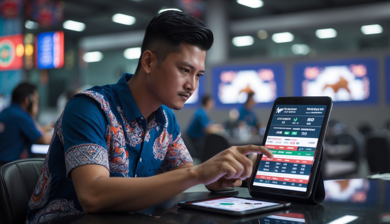 Seorang pemain profesional Indonesia sedang menggunakan perangkat digital dalam suasana kompetitif sabung ayam.