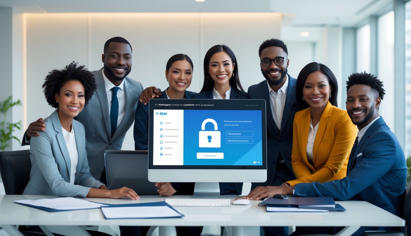 Sekelompok orang profesional yang sedang bekerja bersama di kantor modern dengan komputer, menunjukkan suasana aman dan terpercaya.