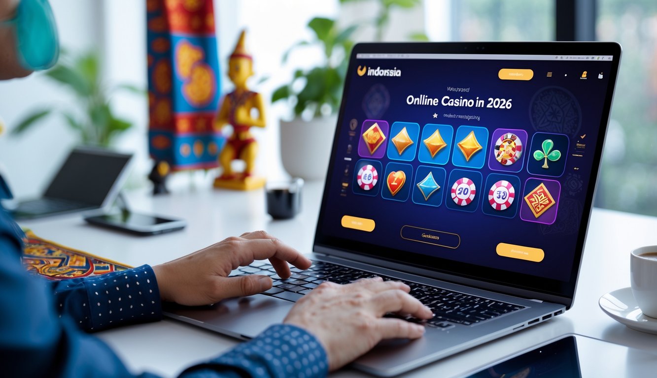 Seseorang menggunakan komputer dengan tampilan permainan kasino online di meja kerja yang rapi dengan hiasan budaya Indonesia.
